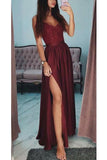 A Line V-Neck Long Spaghetti Strap Split Prom Dresses With Lace HZ0509