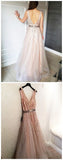 Tulle V-neck Backless A-line Prom Dresses With Beads HZ0509