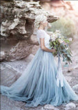 lace Top Short Sleeves Prom Dress, A Line Cheap Wedding Dresses HZ0509