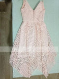 Blue/Pink Deep V-neck Spaghetti Straps Sleeveless Asymmetry Lace A-line Bridesmaid Dress HZ0509