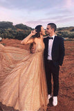 Sequin Long Prom Dress Spaghetti V Neck Backless Evening Dress HZ0509