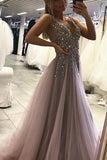 Side Split leeveless Tulle Evening Dress,Long Beading A Line Prom Dresses HZ0509