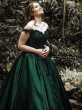 Shoulder Dark Green A-line Long Evening Prom Dresses, Cheap Sweet 16 Dresses HZ0509