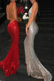 Long Prom Dresses Backless Red Silver Sequin Long Evening Dresses HZ0509