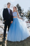A Line Off the Shoulder Two Piece Sky Blue Tulle Prom Dresses HZ0509