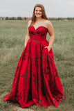 Arrival Burgundy Sweetheart Floral Long Plus Size Prom Dresses with Pockets HZ0509