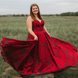 Arrival Burgundy Sweetheart Floral Long Plus Size Prom Dresses with Pockets HZ0509