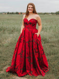 Arrival Burgundy Sweetheart Floral Long Plus Size Prom Dresses with Pockets HZ0509