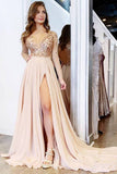 Sleeve See Through V Neck Prom Dresses Side Slit Formal Prom Party Dress HZ0509