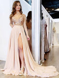 Sleeve See Through V Neck Prom Dresses Side Slit Formal Prom Party Dress HZ0509