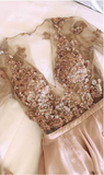 Sleeve See Through V Neck Prom Dresses Side Slit Formal Prom Party Dress HZ0509