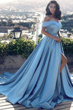Shoulder Blue Prom Gown with Slit, Long Formal Evening Dress with Sweep Train HZ0509