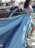 Shoulder Blue Prom Gown with Slit, Long Formal Evening Dress with Sweep Train HZ0509