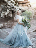 lace Top Short Sleeves Prom Dress, A Line Cheap Wedding Dresses HZ0509