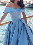 Shoulder Blue Prom Gown with Slit, Long Formal Evening Dress with Sweep Train HZ0509
