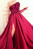 A Line Applique Long Sleeve One Shoulder Prom Dresses With Slit HZ0509