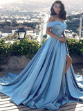 Shoulder Blue Prom Gown with Slit, Long Formal Evening Dress with Sweep Train HZ0509
