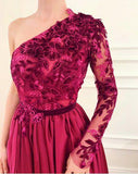 A Line Applique Long Sleeve One Shoulder Prom Dresses With Slit HZ0509