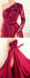 A Line Applique Long Sleeve One Shoulder Prom Dresses With Slit HZ0509