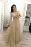 A Line Long Sleeve Tulle Appliques Prom Dresses HZ0509