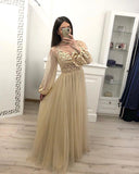 A Line Long Sleeve Tulle Appliques Prom Dresses HZ0509