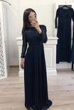 A Line Long Sleeve Chiffon Navy Blue Appliques Prom Dresses HZ0509
