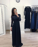 A Line Long Sleeve Chiffon Navy Blue Appliques Prom Dresses HZ0509