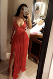 Red Spaghetti Strap Deep V Neck Slit Chiffon Prom Dress HZ0509