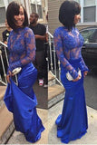 Royal Blue Long Sleeves See Through Long Prom Dresses HZ0509