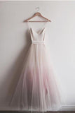 Ombre A-line Spaghetti Straps Tulle Blush Long Prom Dresses HZ0509
