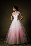Ombre A-line Spaghetti Straps Tulle Blush Long Prom Dresses HZ0509