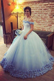 the Shoulder Tulle Flowers Ball Gown Prom Dress,Cheap Blue Quinceanera Dresses HZ0509