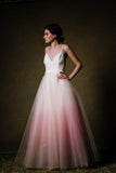 Ombre A-line Spaghetti Straps Tulle Blush Long Prom Dresses HZ0509