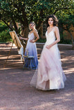 Ombre A-line Spaghetti Straps Tulle Blush Long Prom Dresses HZ0509