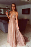 Sparkly Sequins Spaghetti Strap Prom Dresses V Neck Formal Evening Dress HZ0509