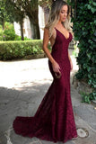 Burgundy Spaghetti Straps Lace Prom Dresses, Formal Evening Dresses HZ0509