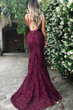 Burgundy Spaghetti Straps Lace Prom Dresses, Formal Evening Dresses HZ0509