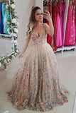 Strap A Line Floral Embroidery Prom Dresses Long Formal Party Dress HZ0509