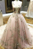 A Line Lace Deep V Neck Appliques Long Prom Dress HZ0509