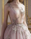 A Line Lace Deep V Neck Appliques Long Prom Dress HZ0509