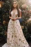 Sleeve A Line Long Lace Prom Dresses With Gold Stars HZ0509