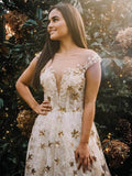 Sleeve A Line Long Lace Prom Dresses With Gold Stars HZ0509