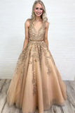 Line V Neck Long Lace Applique Prom Dresses Cheap Ball Gown HZ0509