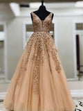 Line V Neck Long Lace Applique Prom Dresses Cheap Ball Gown HZ0509