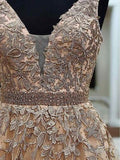 Line V Neck Long Lace Applique Prom Dresses Cheap Ball Gown HZ0509