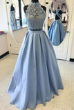 Piece Satin High Neck Prom Gown,Floor Length Prom Dress With Lace Top HZ0509