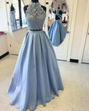 Piece Satin High Neck Prom Gown,Floor Length Prom Dress With Lace Top HZ0509
