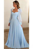 Blue A Line Long Chiffon Prom Dresses with Sleeves Modest Forma Evening Dress HZ0509