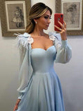 Blue A Line Long Chiffon Prom Dresses with Sleeves Modest Forma Evening Dress HZ0509