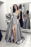 Shoulder Long Grey Prom Dress with Split Lace Appliques Evening Dress HZ0509